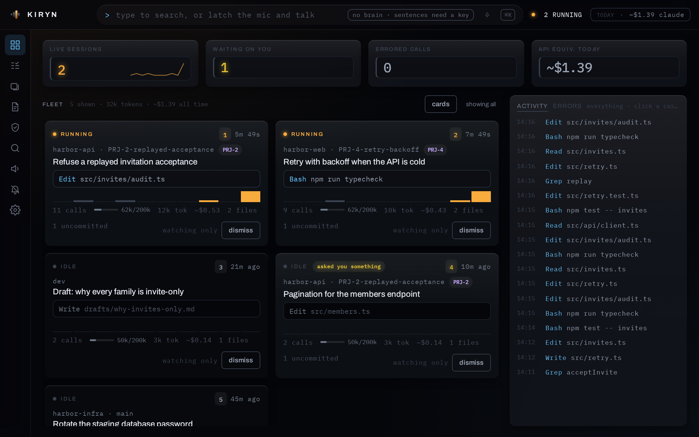 The Fleet board: two sessions running, box 4 marked asked you something, and the live activity feed